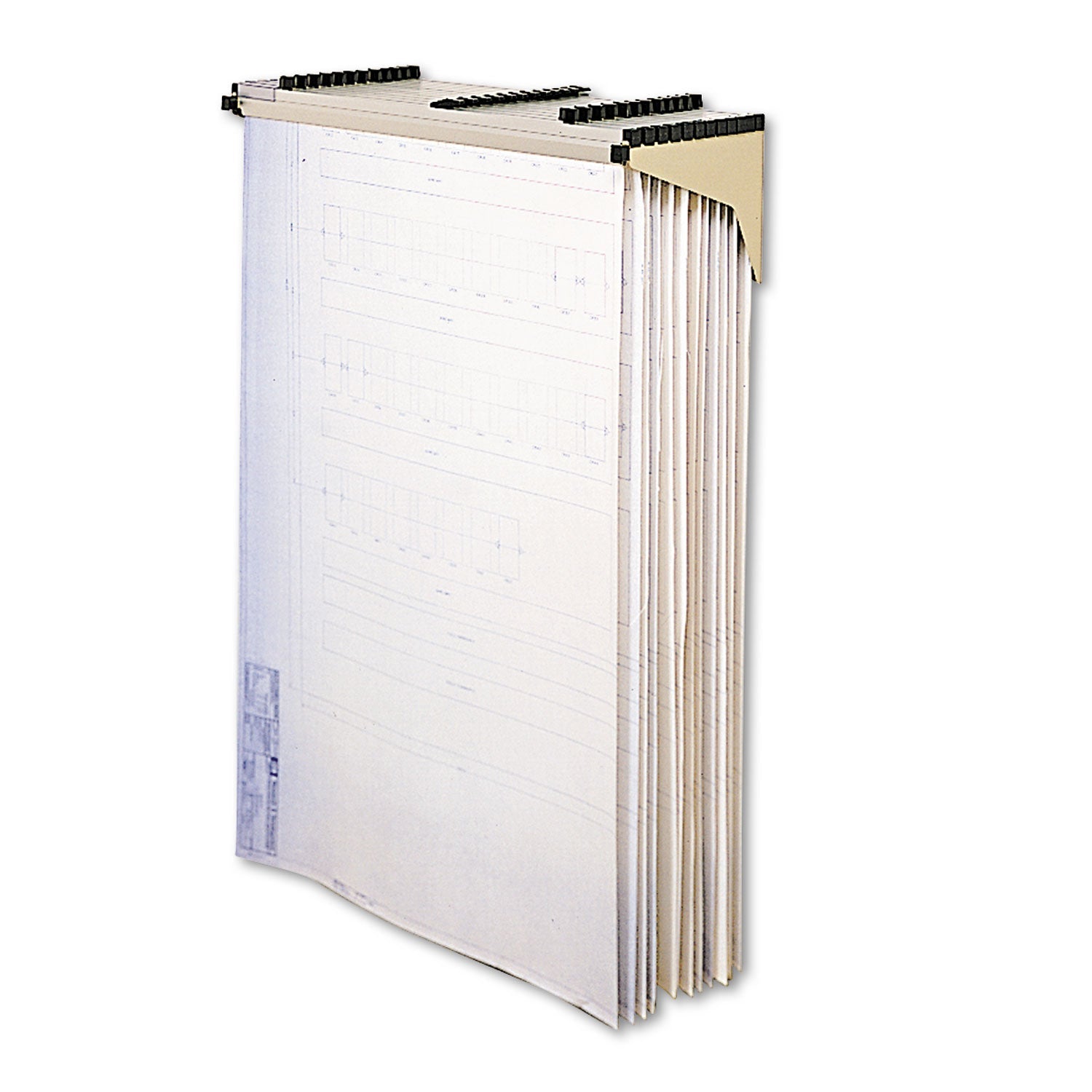 Safco Sheet File Drop/Lift Wall Rack, 12 Hanging Clamps, 43.75w x 11.5d x 7.75h, Sand
