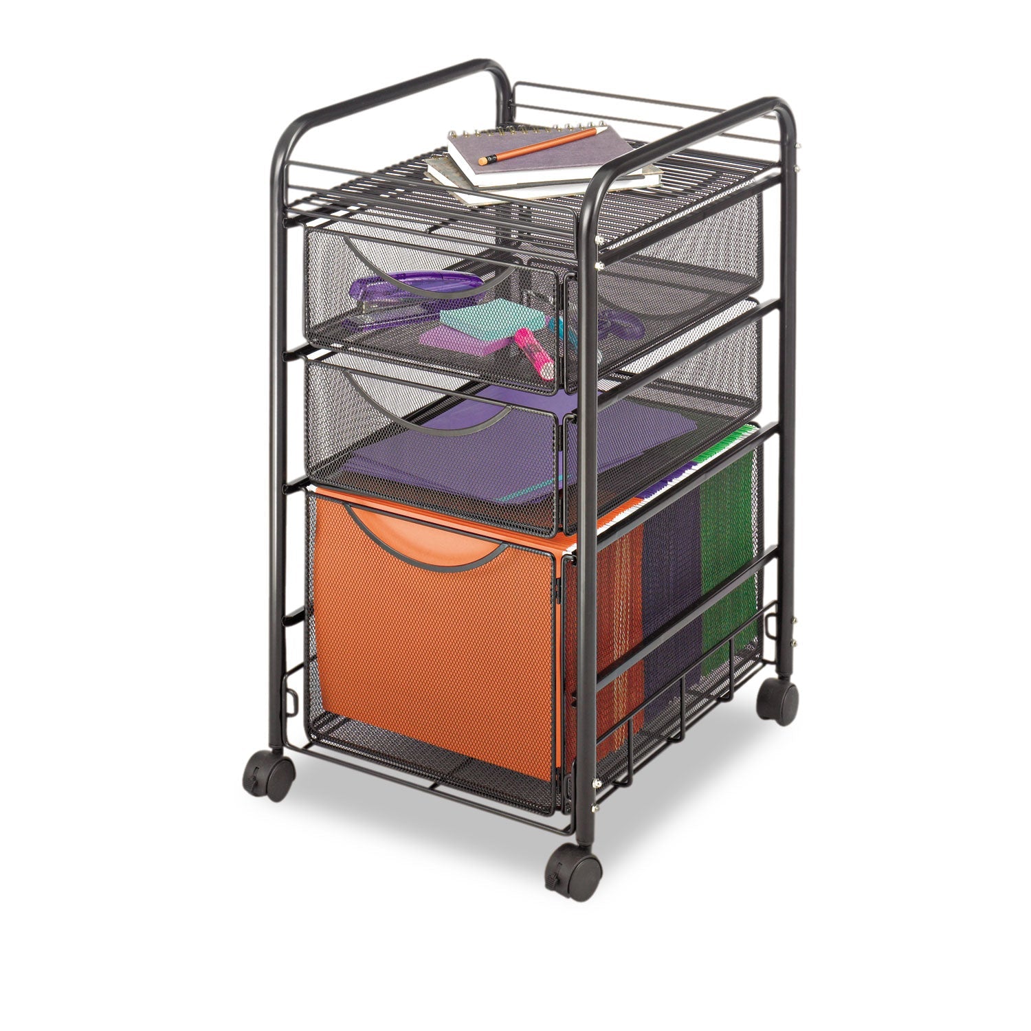 Safco Onyx Mesh Mobile File with Two Supply Drawers, Metal, 1 Shelf, 3 Drawers, 15.75" x 17" x 27", Black