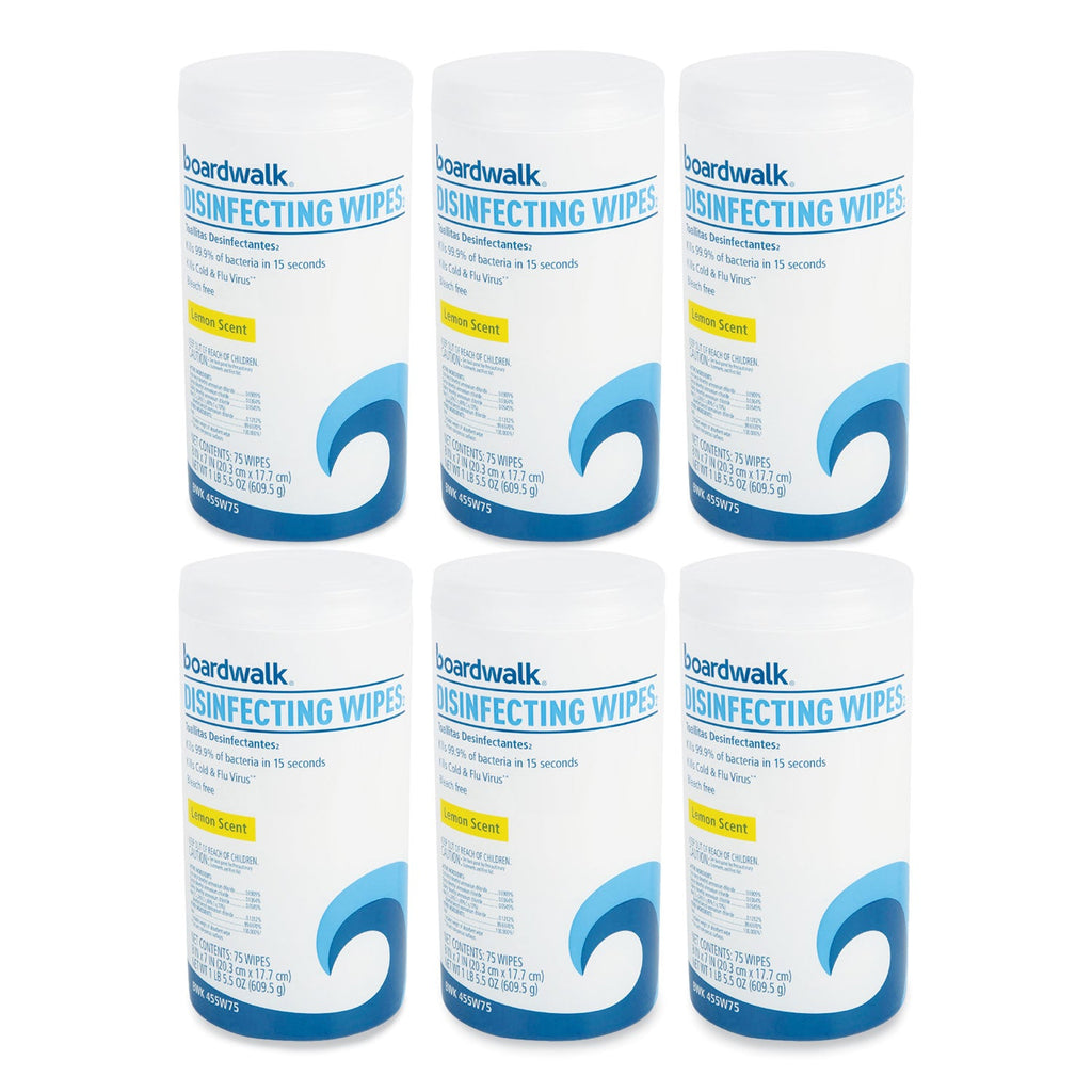 Boardwalk Disinfecting Wipes, 7 x 8, Lemon Scent, 75/Canister, 6 Canisters/Carton