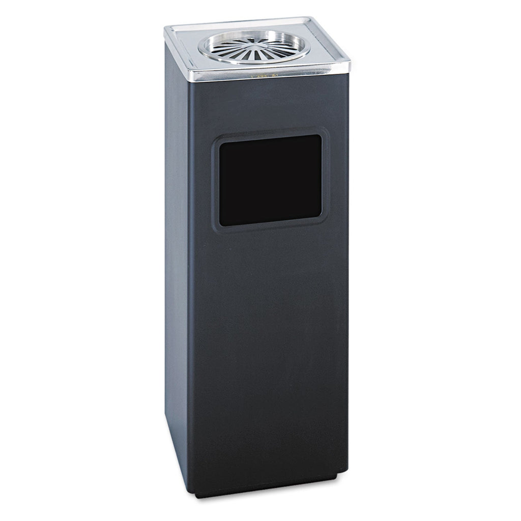 Safco Ash 'N Trash Sandless Urn, Square, Stainless Steel, 3 gal, Black/Chrome