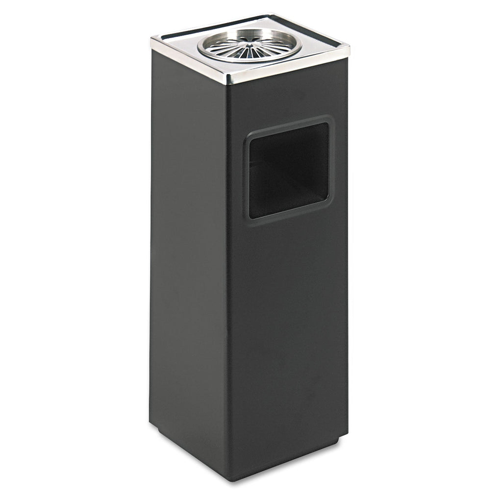 Safco Ash 'N Trash Sandless Urn, Square, Stainless Steel, 3 gal, Black/Chrome