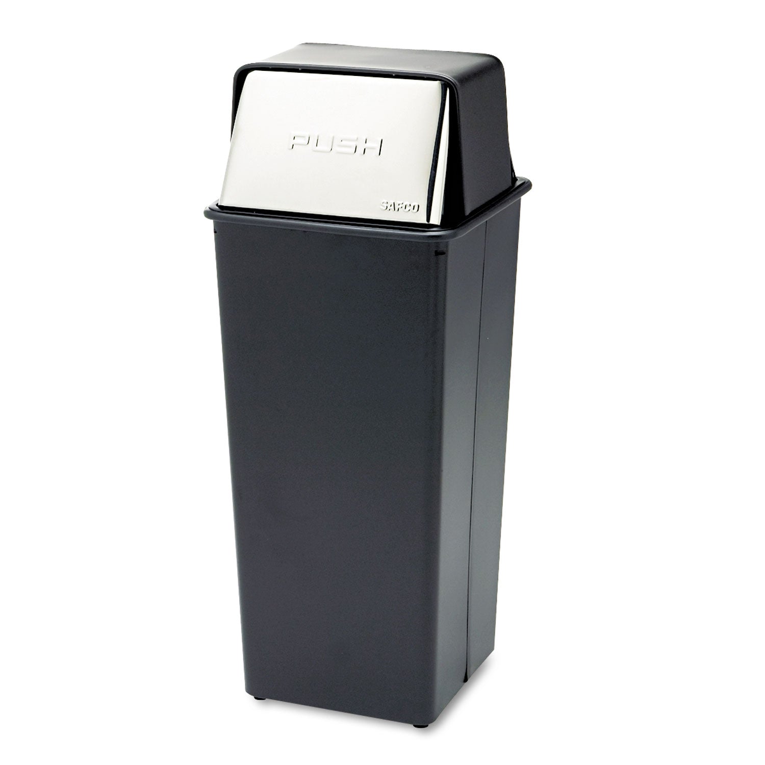 Safco Reflections Push Top Square Receptacle, Steel, 21 gal, Black/Chrome