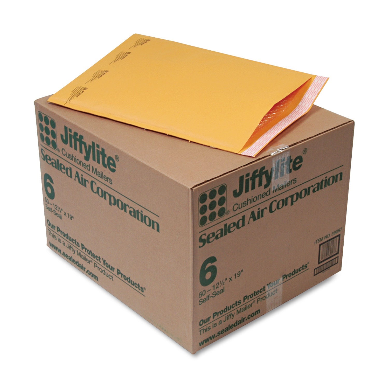 Sealed Air Jiffylite Self-Seal Bubble Mailer, #6, Barrier Bubble Air Cell Cushion, Self-Adhesive Closure, 12.5 x 19, Brown Kraft, 50/CT