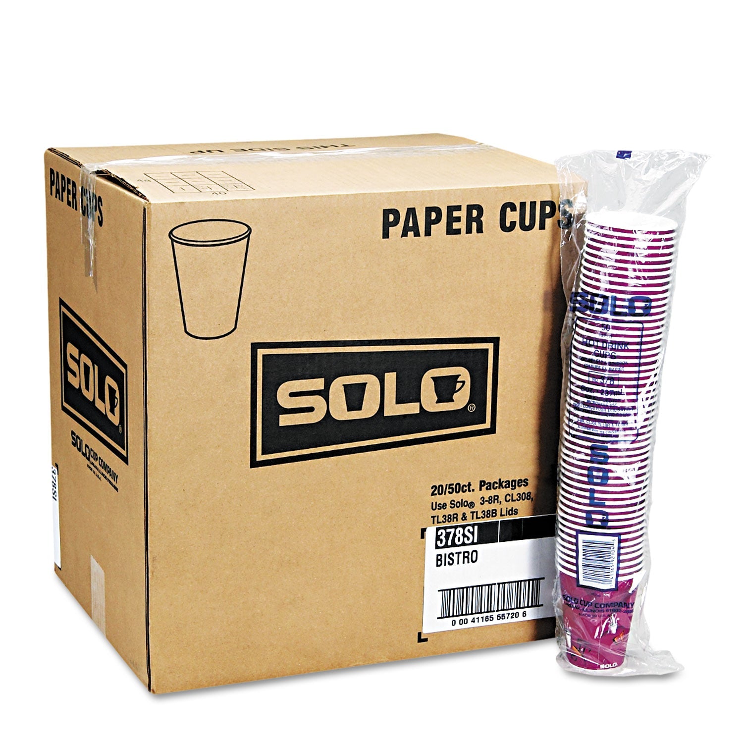 Dart Solo Paper Hot Drink Cups in Bistro Design, 12 oz, Maroon, 50/Bag, 20 Bags/Carton