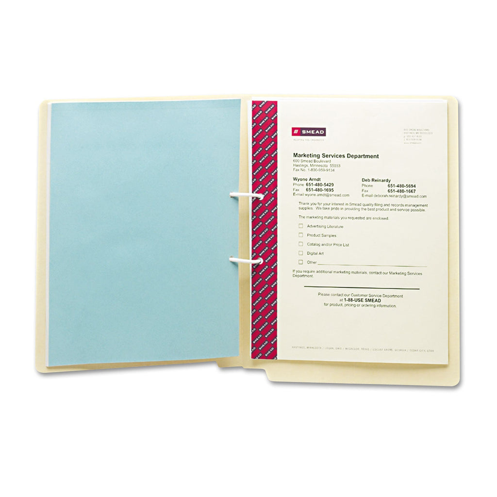 Smead Heavyweight Manila Reinforced End Tab U-Clip Fastener Folders, 1 Fastener, Letter Size, Manila Exterior, 50/Box