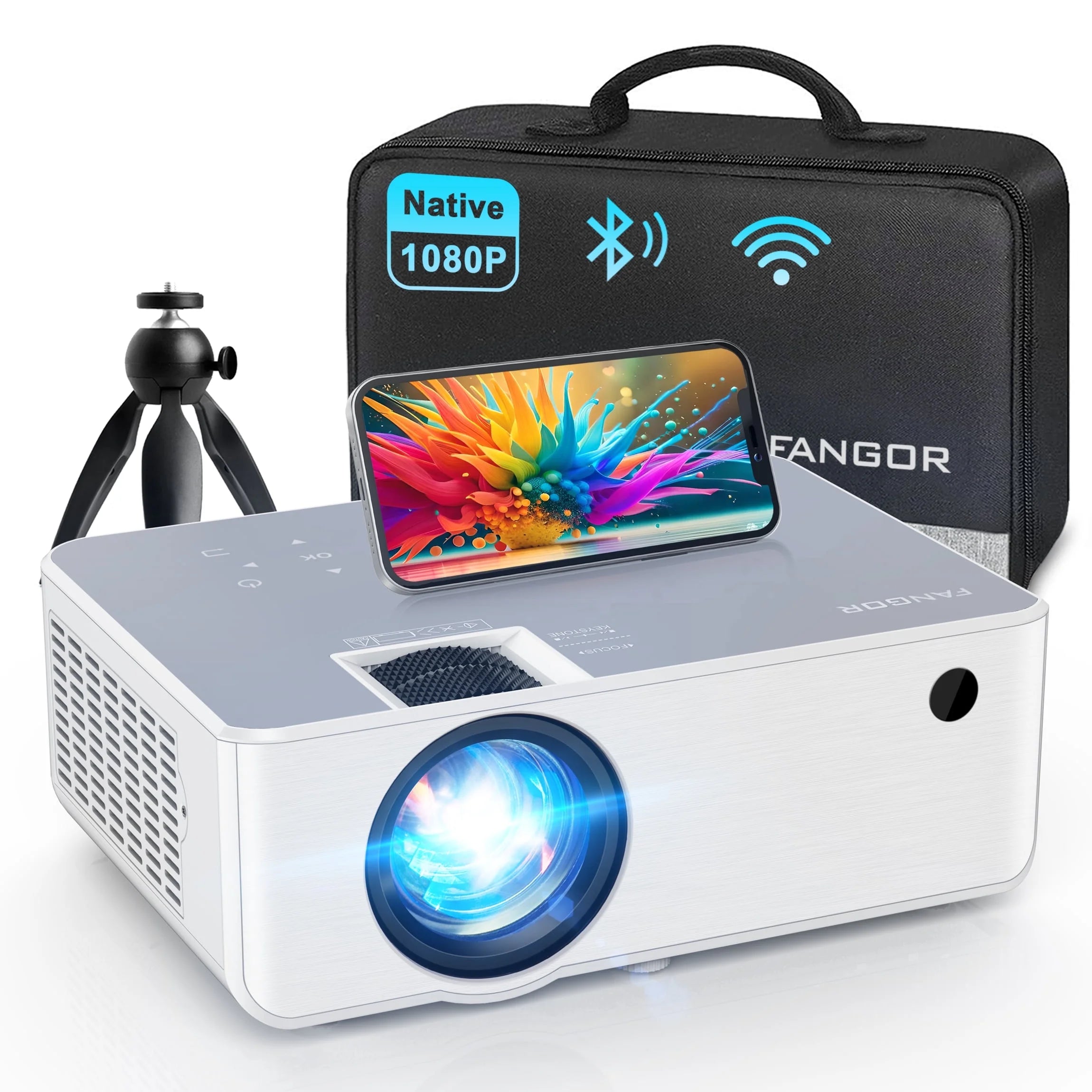 Proyector Wifi Bluetooth, Proyector De Películas Portátil Nativo 1080P Para Hogar Y Exterior, Proyector De Vídeo HD Completo Compatible Con Teléfono/Portátil/Pc/Tv Stick/Usb/Tarjeta Sd (Trípode Incluido)