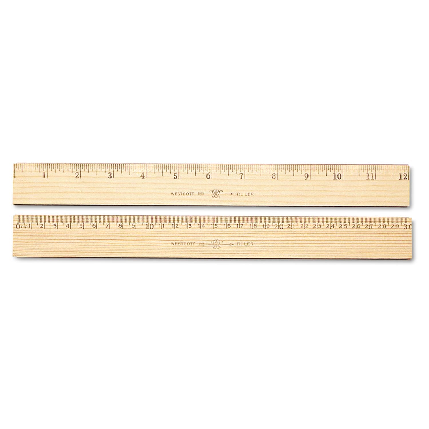 Westcott Wood Ruler, Metric and 1/16" Scale with Single Metal Edge, 12"/30 cm Long