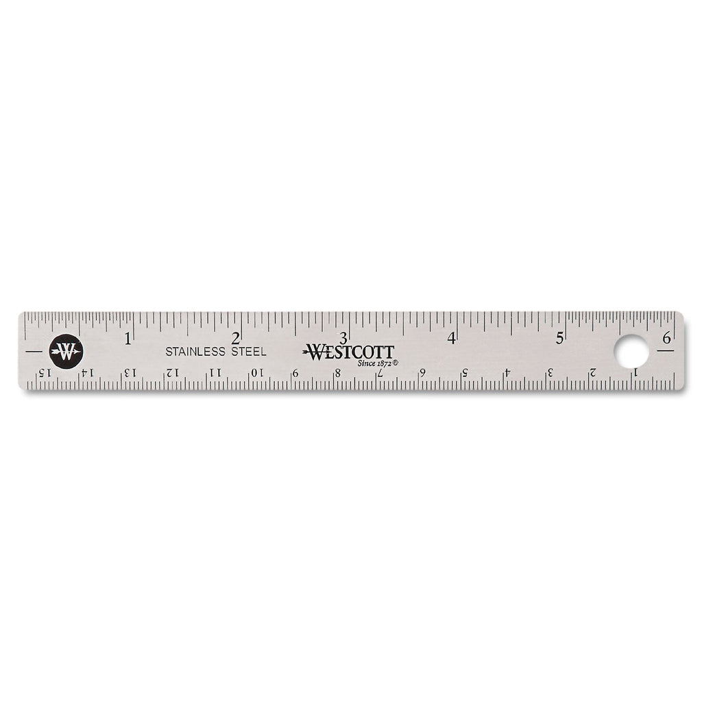 Westcott Stainless Steel Office Ruler With Non Slip Cork Base, Standard/Metric, 6" Long