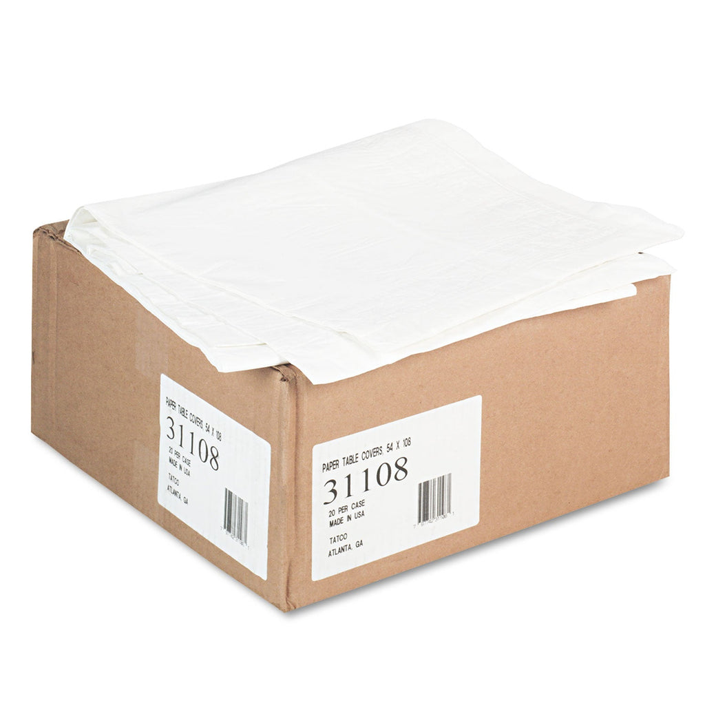 Tatco Paper Table Cover, Embossed Paper with Plastic Liner, 54" x 108", White, 20/Carton