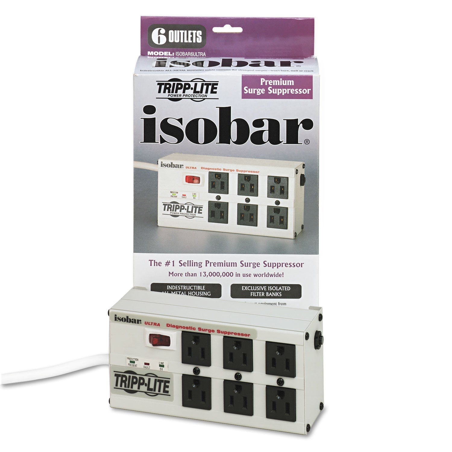 Tripp Lite Isobar Surge Protector, 6 AC Outlets, 6 ft Cord, 3,330 J, Light Gray
