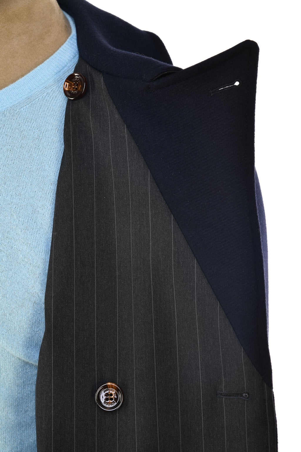 Kired Gyala Solid/ Pinstripe Nylon-Virgin Wool Double-Breasted Reversible Overcoat