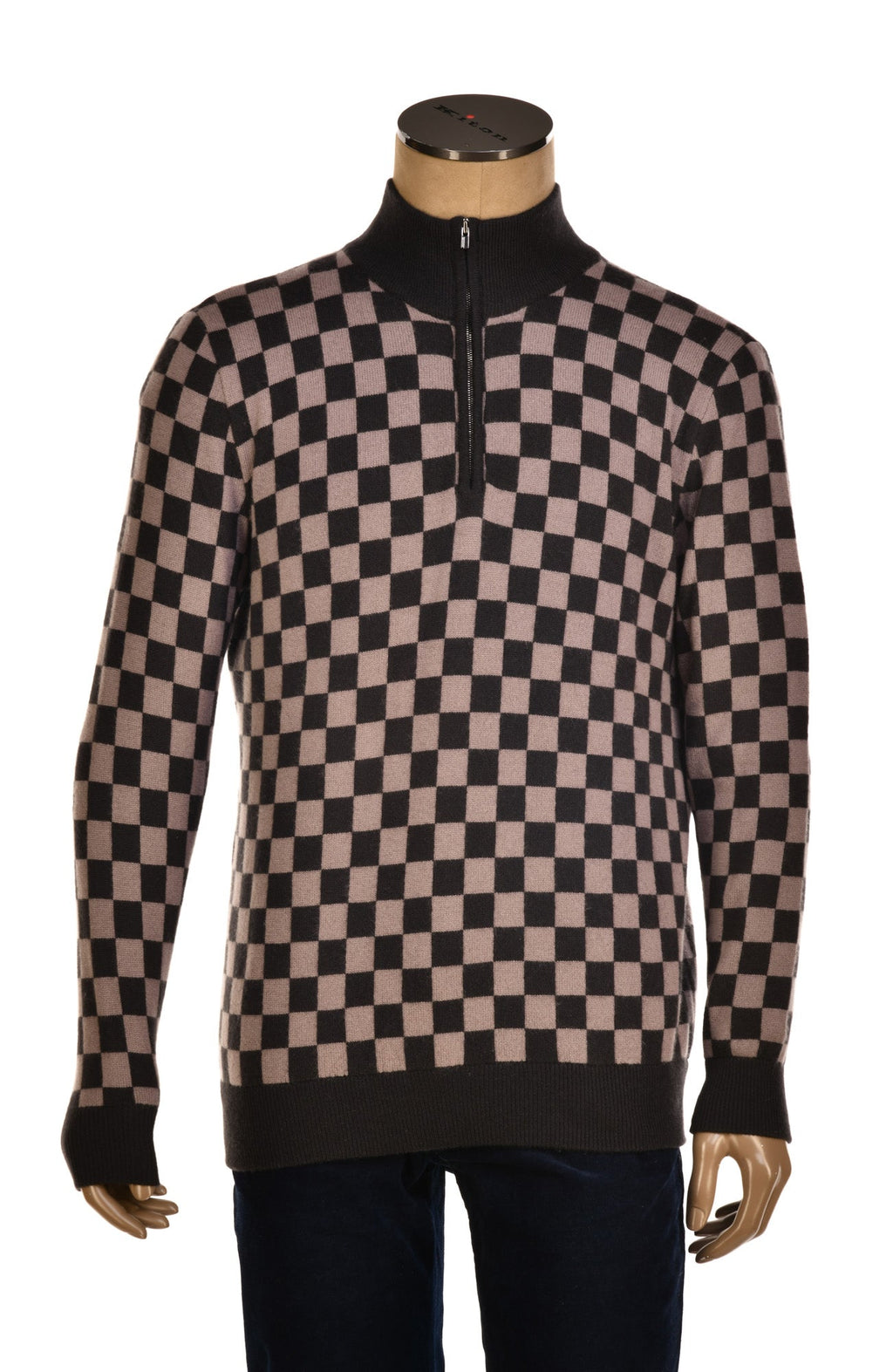 Manrico Cashmere Checkered Turtleneck Quarter Zip Sweater