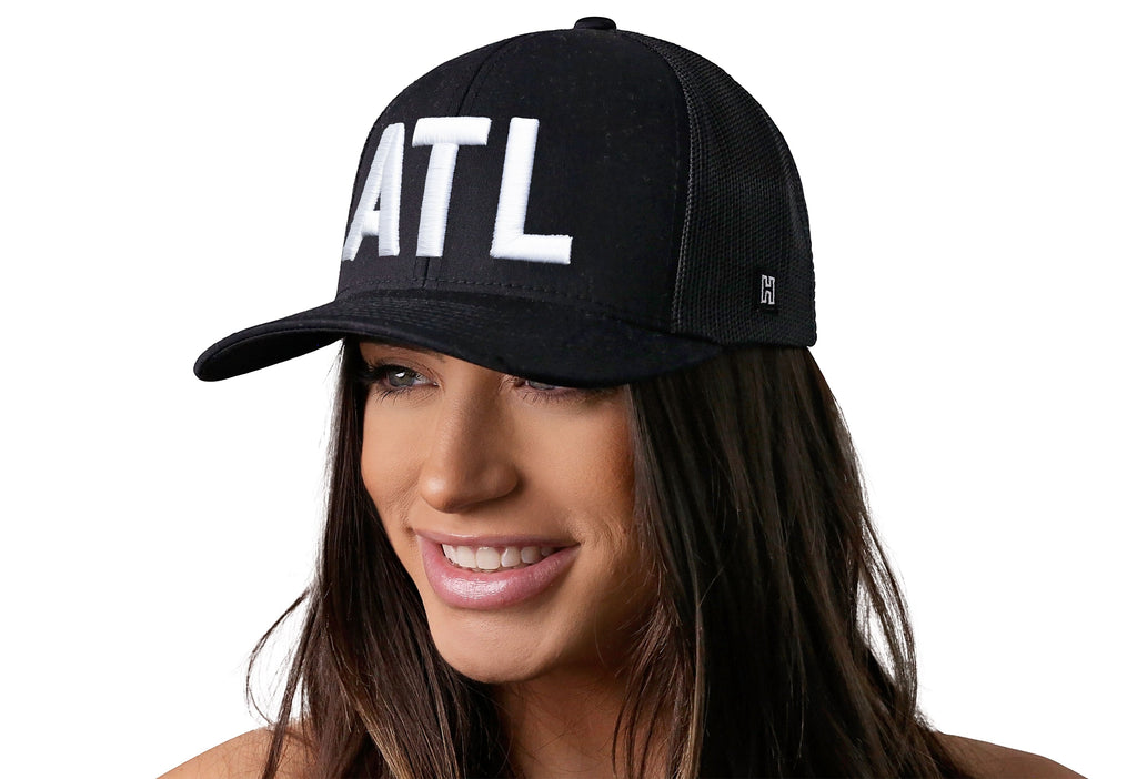 Atlanta White Block Trucker Hat  |  Black White ATL Block Snapback