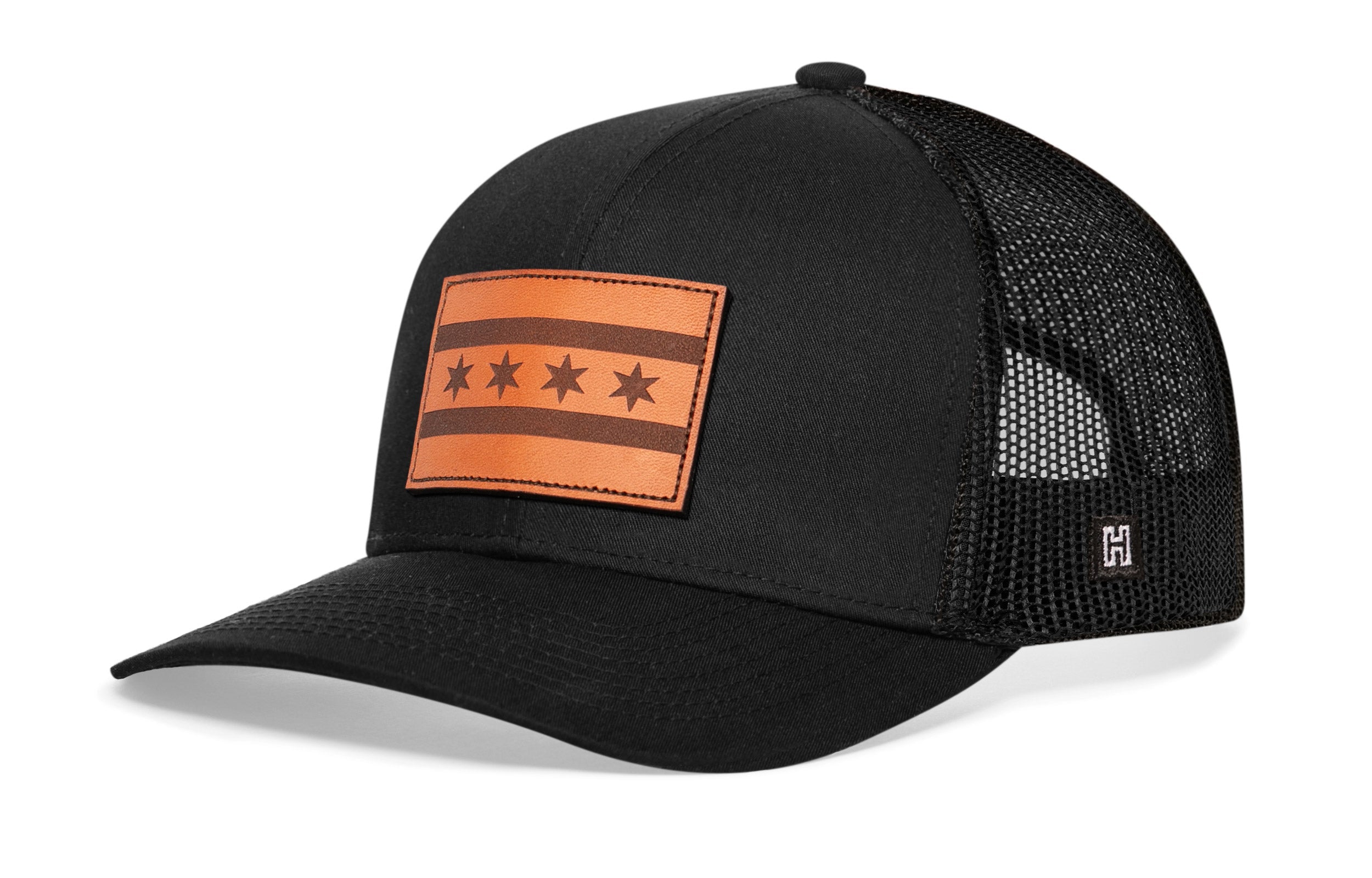 Chicago Flag Trucker Hat Leather  |  Black City Snapback