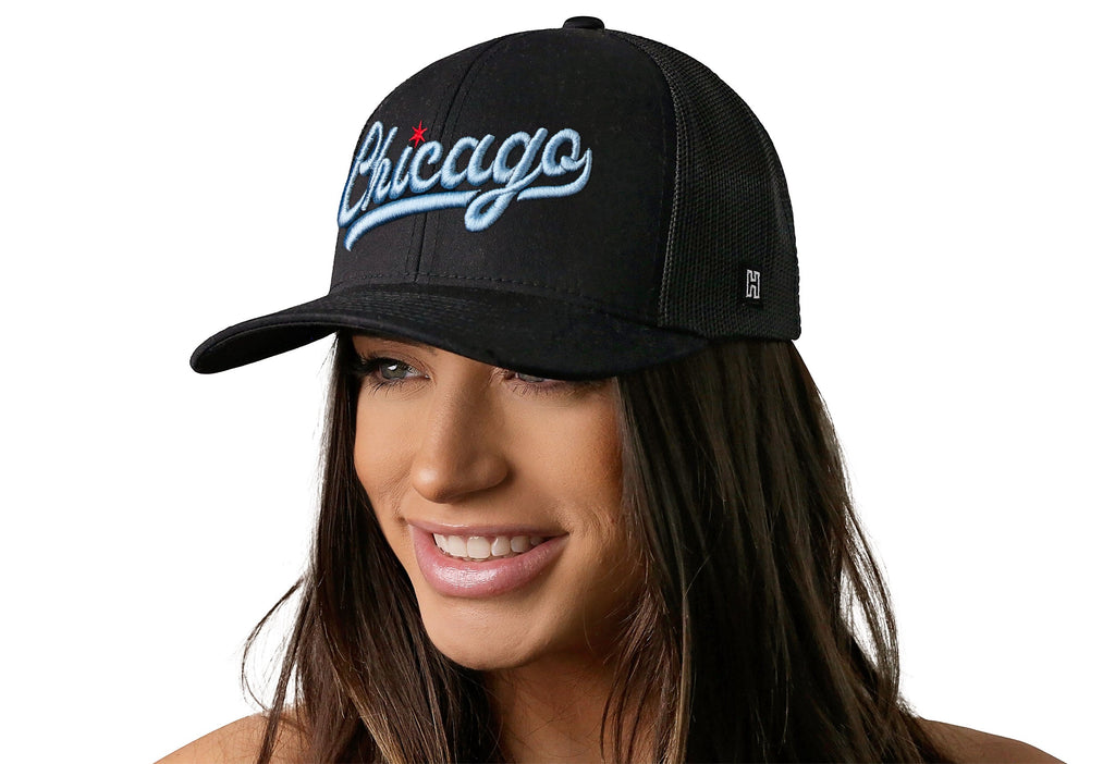 Chicago Light Blue Script Trucker Hat  |  Black Illinois Snapback