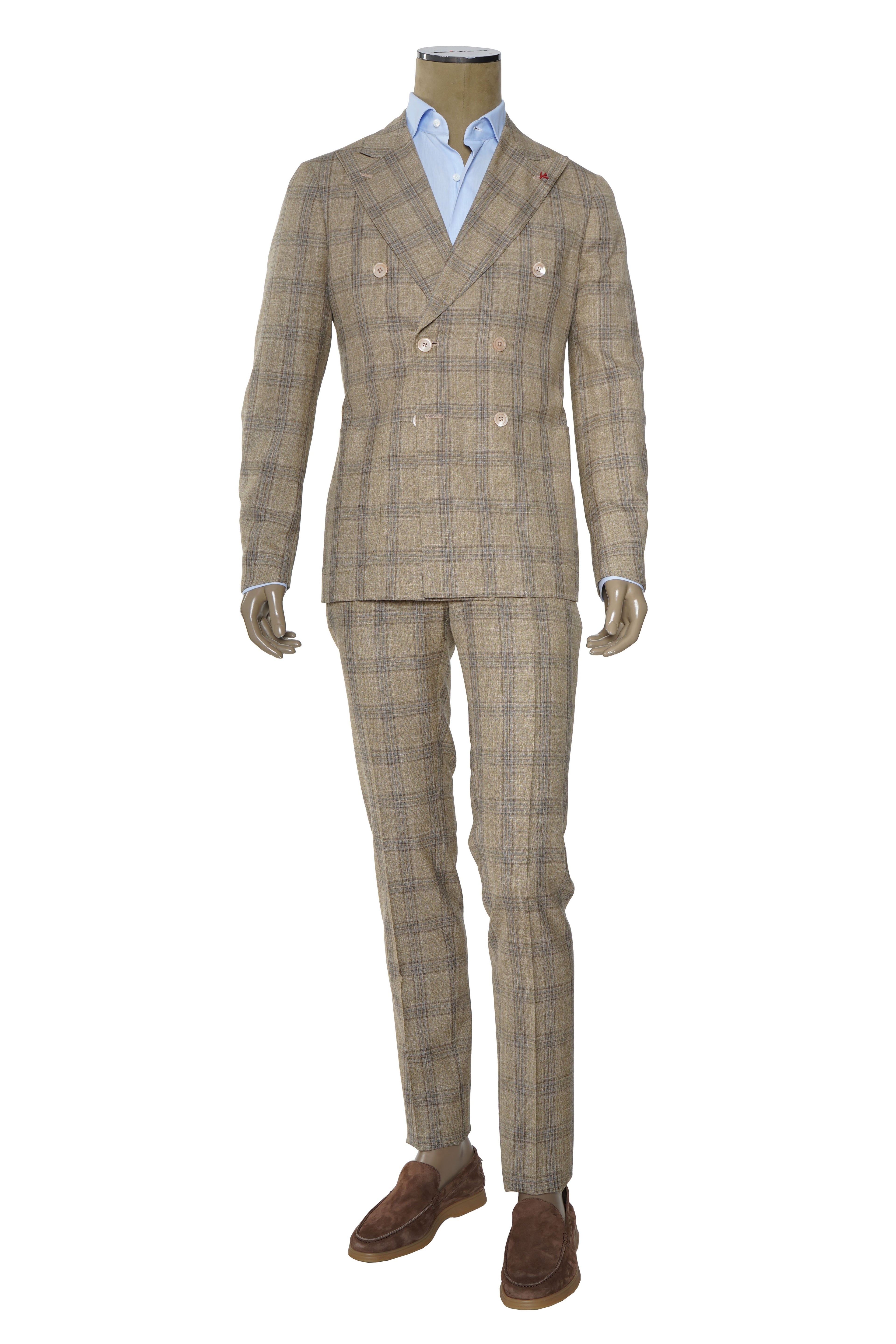 Isaia Double Breasted Double Windowpane Wool-Silk-Linen Suit