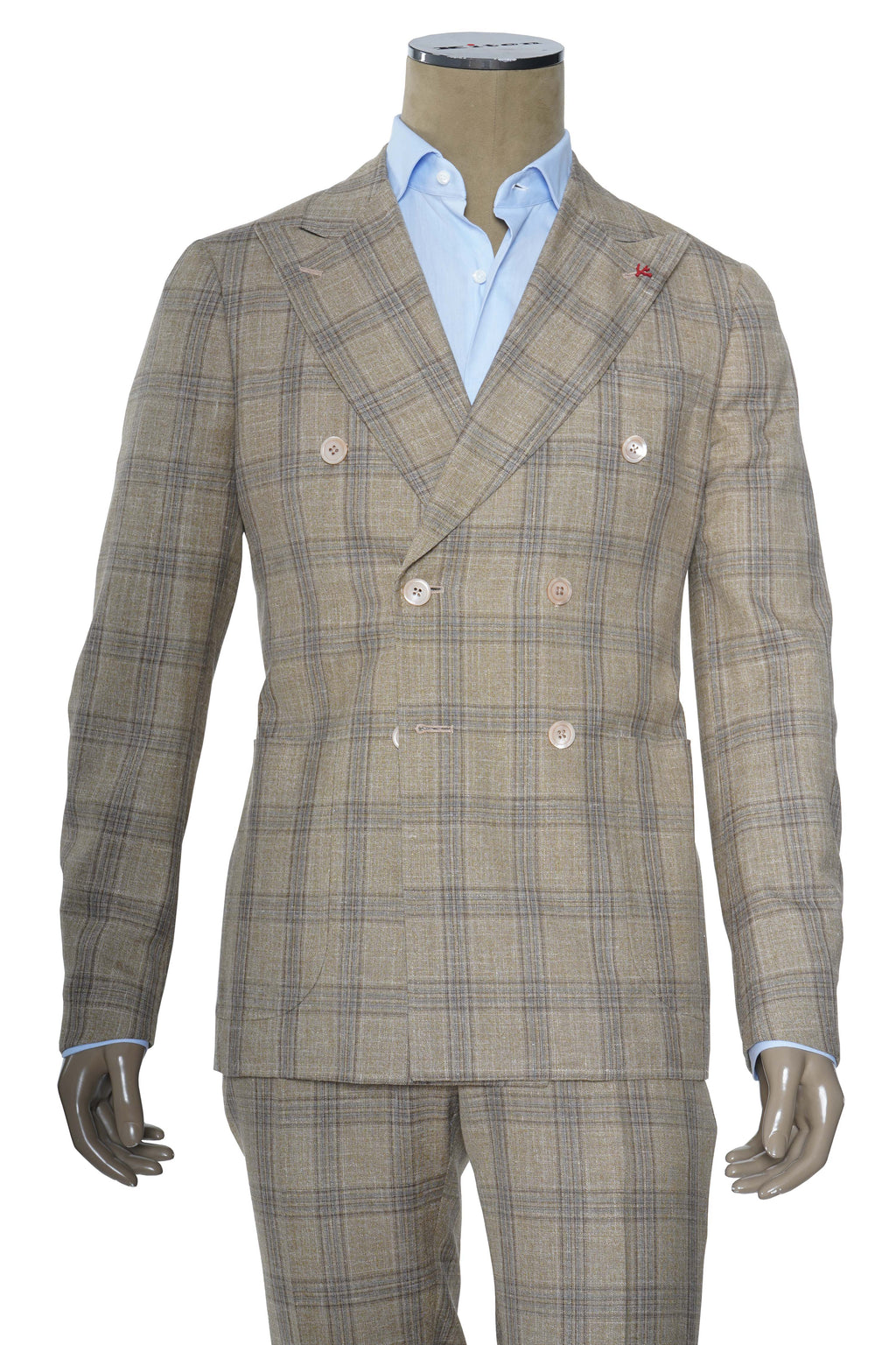 Isaia Double Breasted Double Windowpane Wool-Silk-Linen Suit