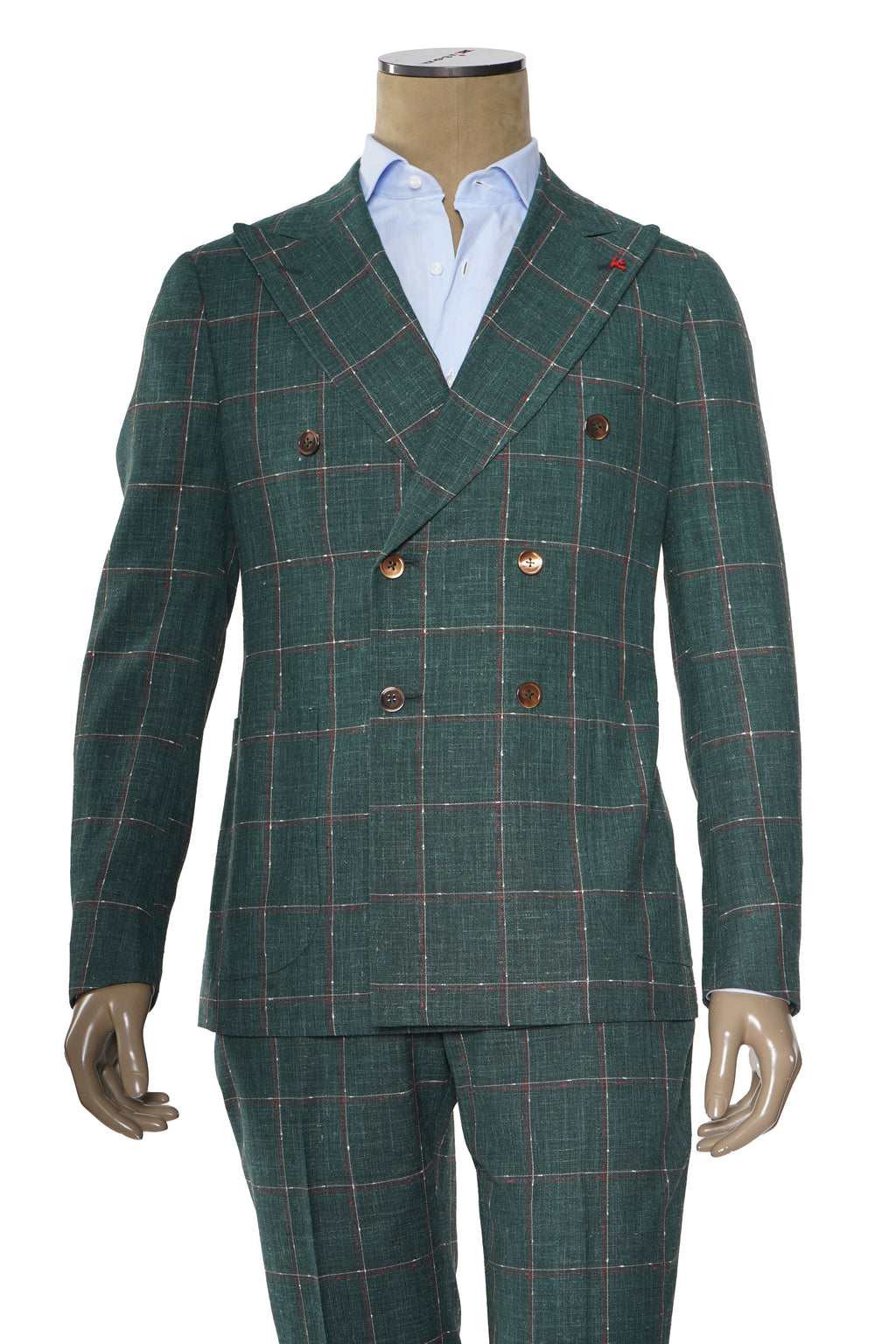 Isaia Double Breasted Double Windowpane Wool-Silk-Linen Suit