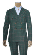 Isaia Double Breasted Double Windowpane Wool-Silk-Linen Suit