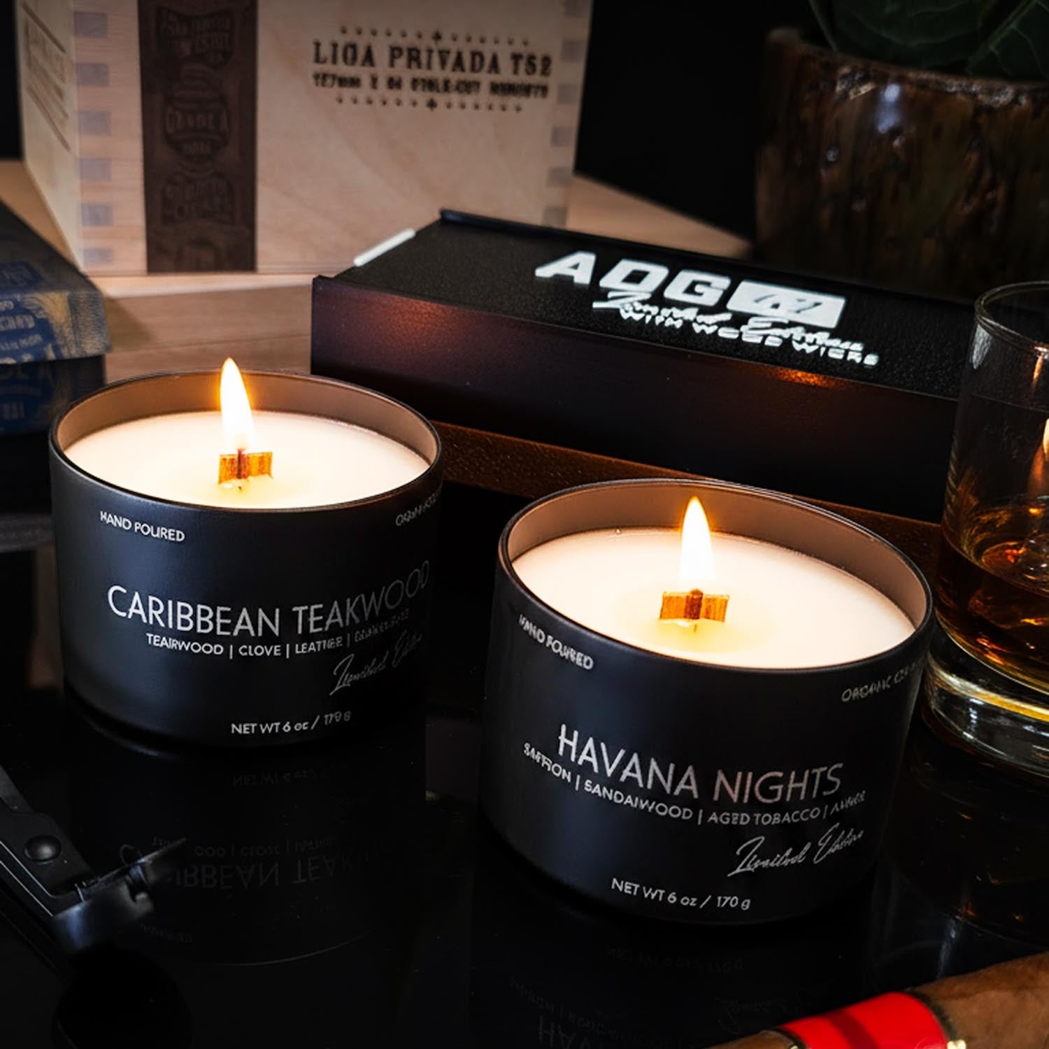 2 Wood Wick Candle Set for Men | Masculine Scent | Storage & Gift Box