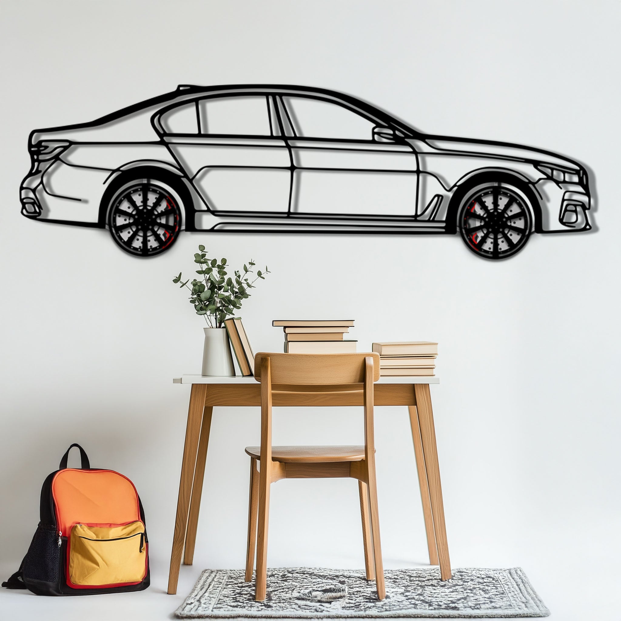 BMW 750i Metal Car Wall Art with Rotating Wheels - Luxury Executive Sedan Silhouette - Interactive Automotive Wall Decor - KAFMEKA104