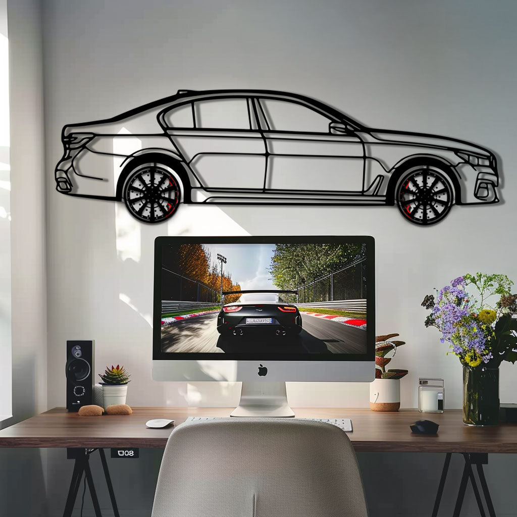 BMW 750i Metal Car Wall Art with Rotating Wheels - Luxury Executive Sedan Silhouette - Interactive Automotive Wall Decor - KAFMEKA104