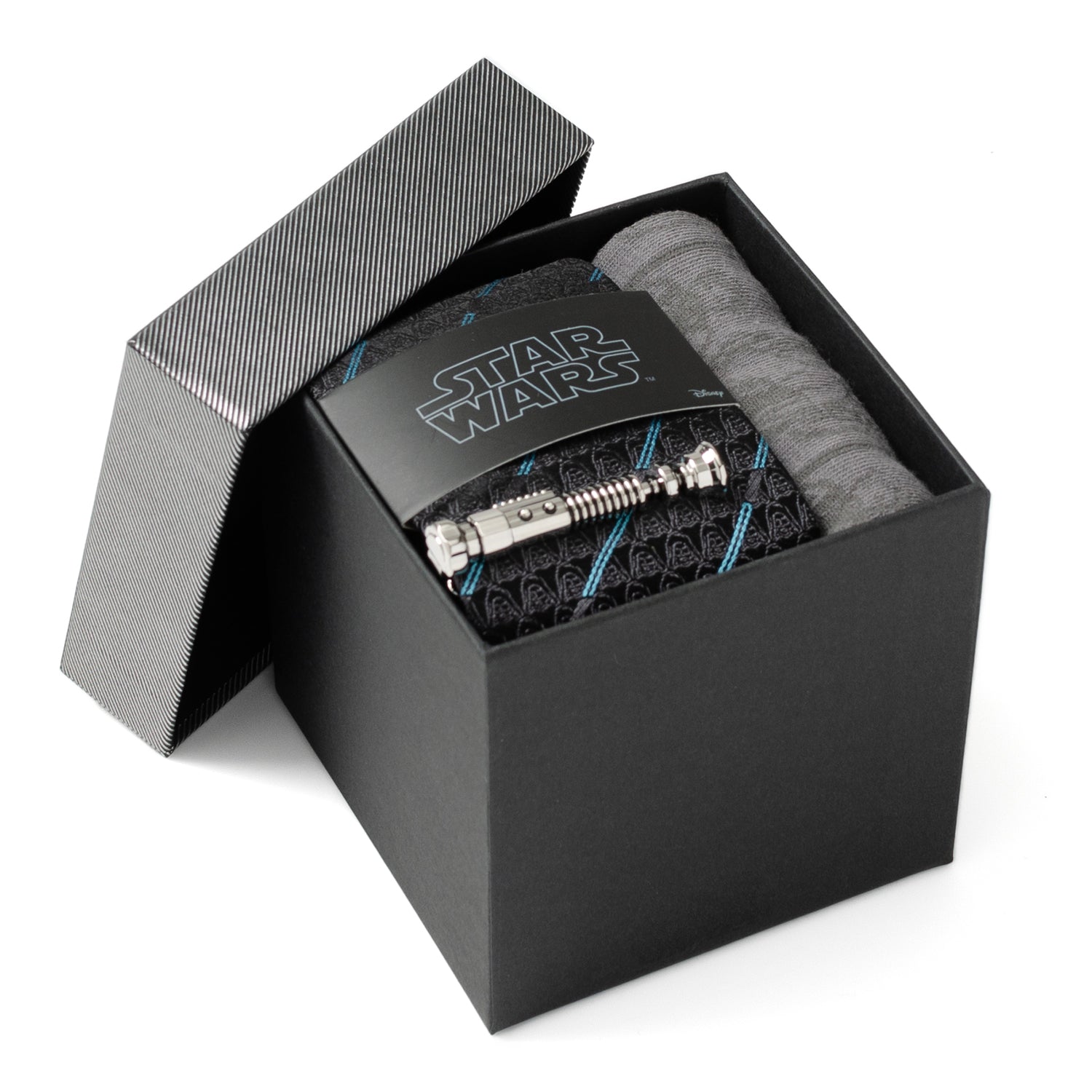 Star Wars Obi-Wan Kenobi Blue LIGHTSABER Pattern Black Tie, Tie Clip, and Gray Jedi Crest Dress Socks Gift Set