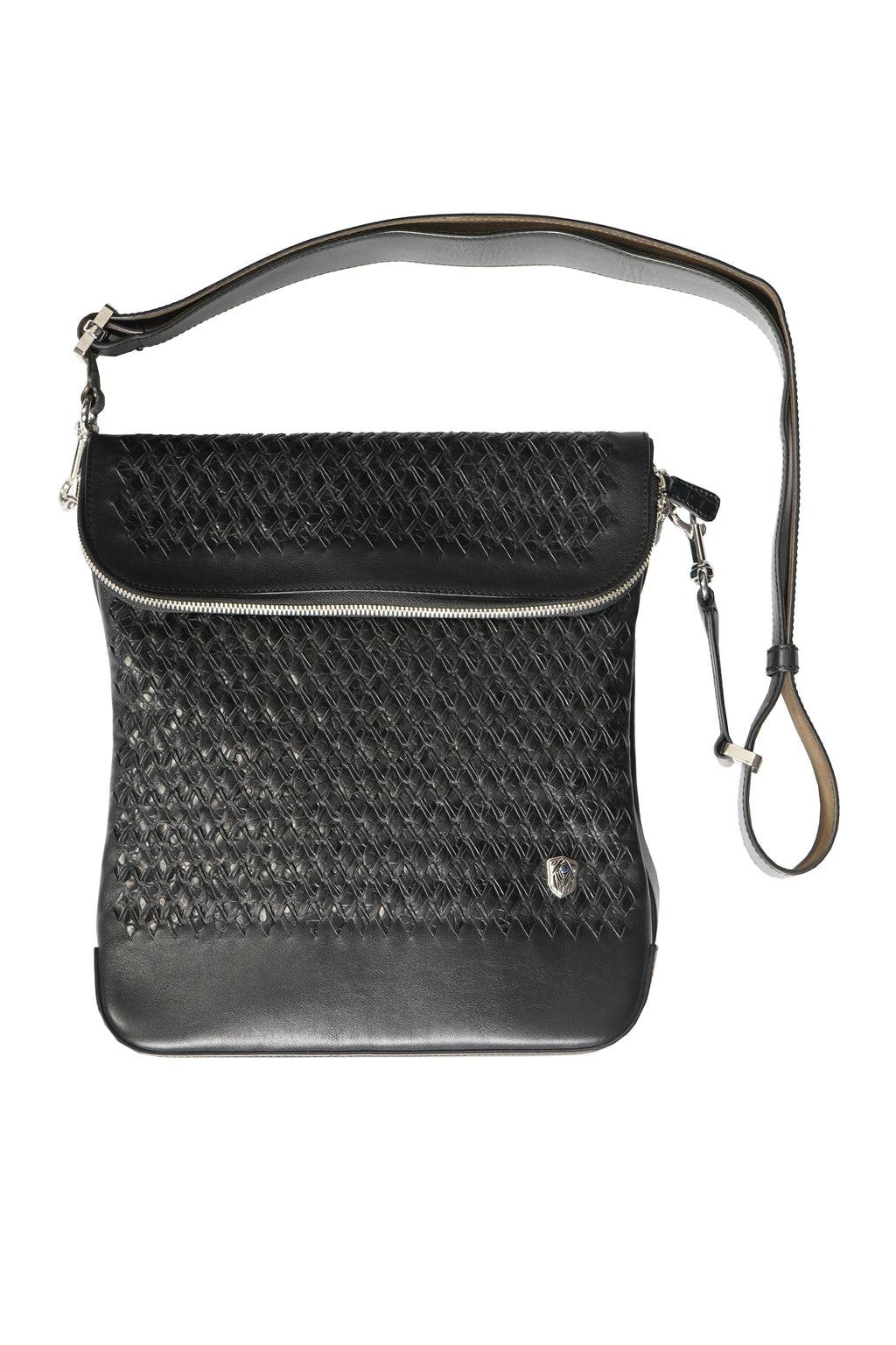 Tardini Woven Full-Grain Calfskin-Alligator Leather Messenger Bag