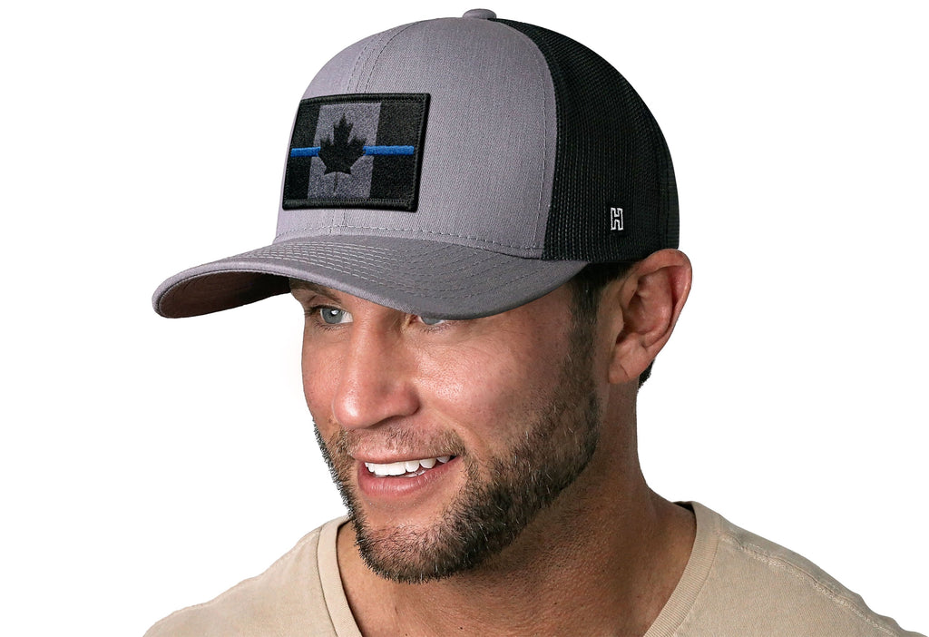 Thin Blue Line Trucker Hat  |  Gray-Black Canadian Maple Leaf Tactical Snapback
