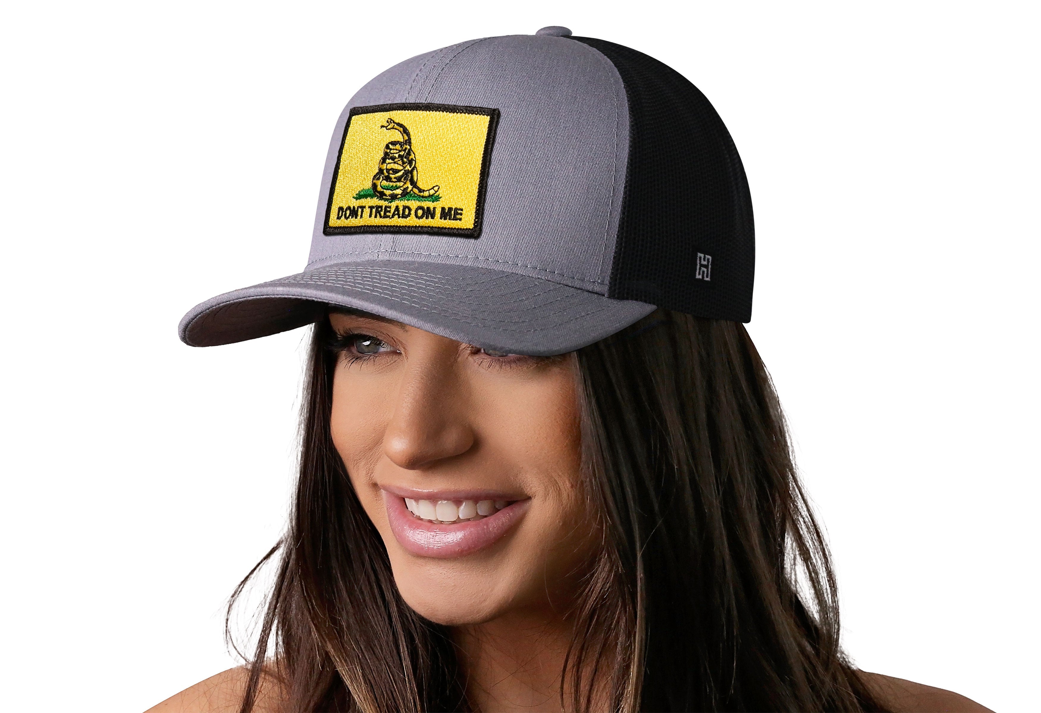 Dont Tread On Me Trucker Hat  |  Gray-Black Gadsden Flag Yellow Snapback