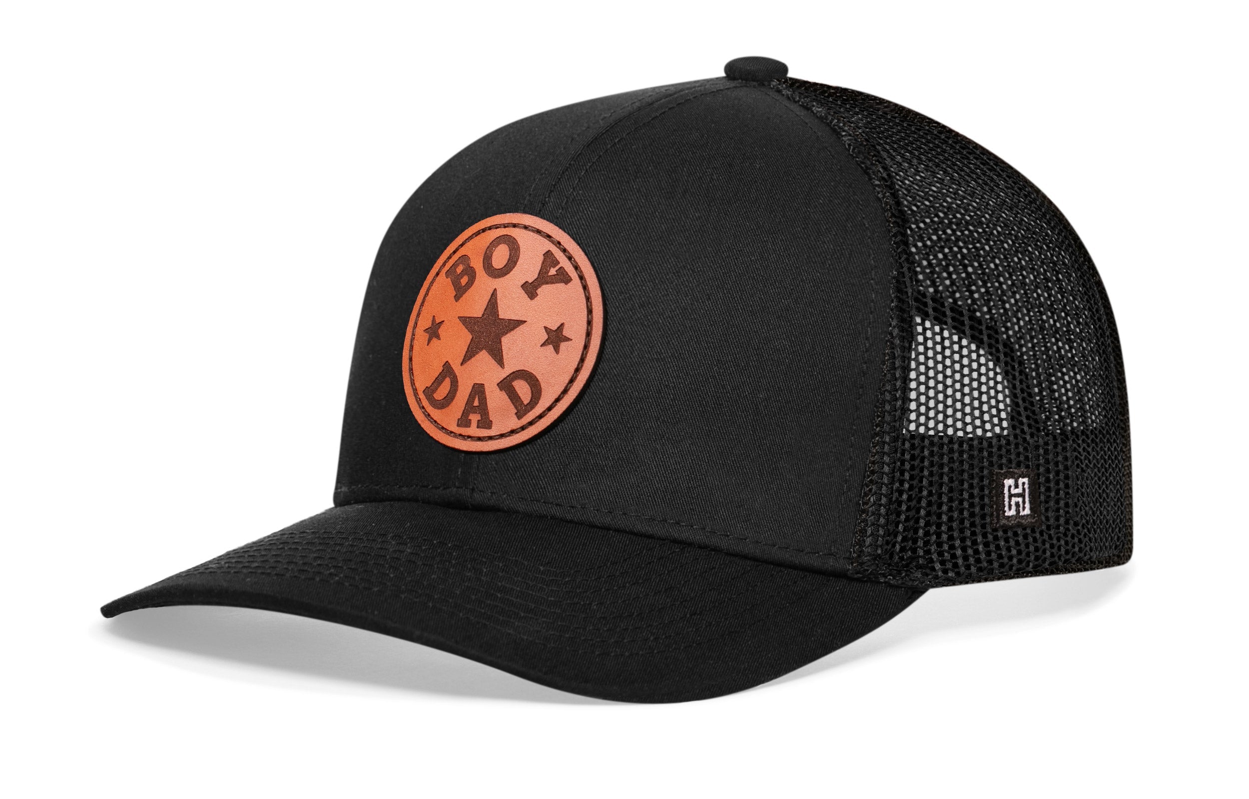 Boy Dad Leather Trucker Hat  |  Black Snapback