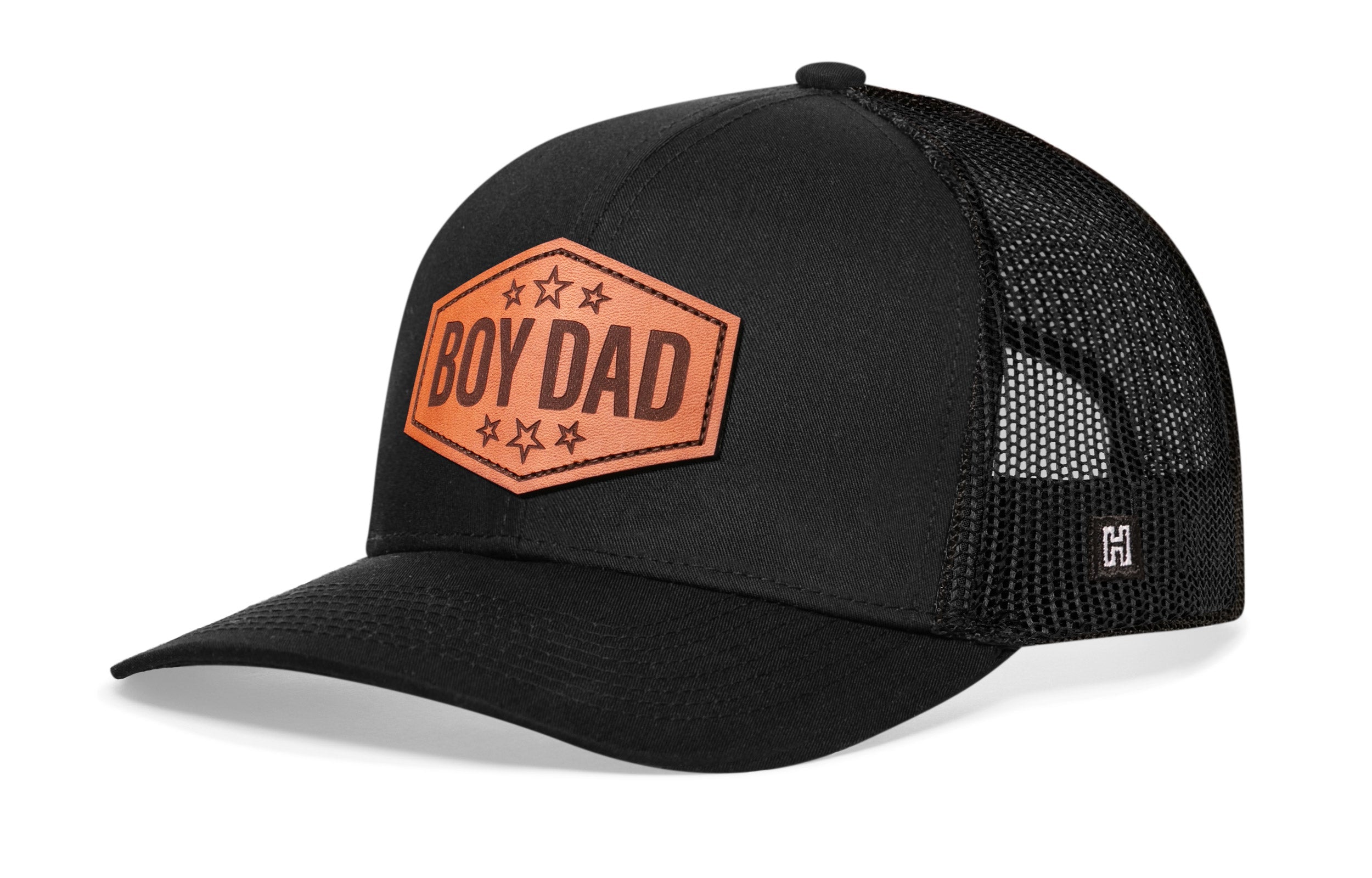 Boy Dad Leather Trucker Hat  |  Black Snapback