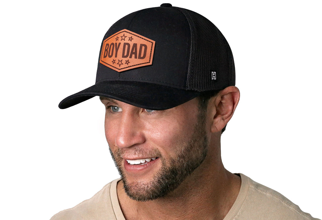 Boy Dad Leather Trucker Hat  |  Black Snapback