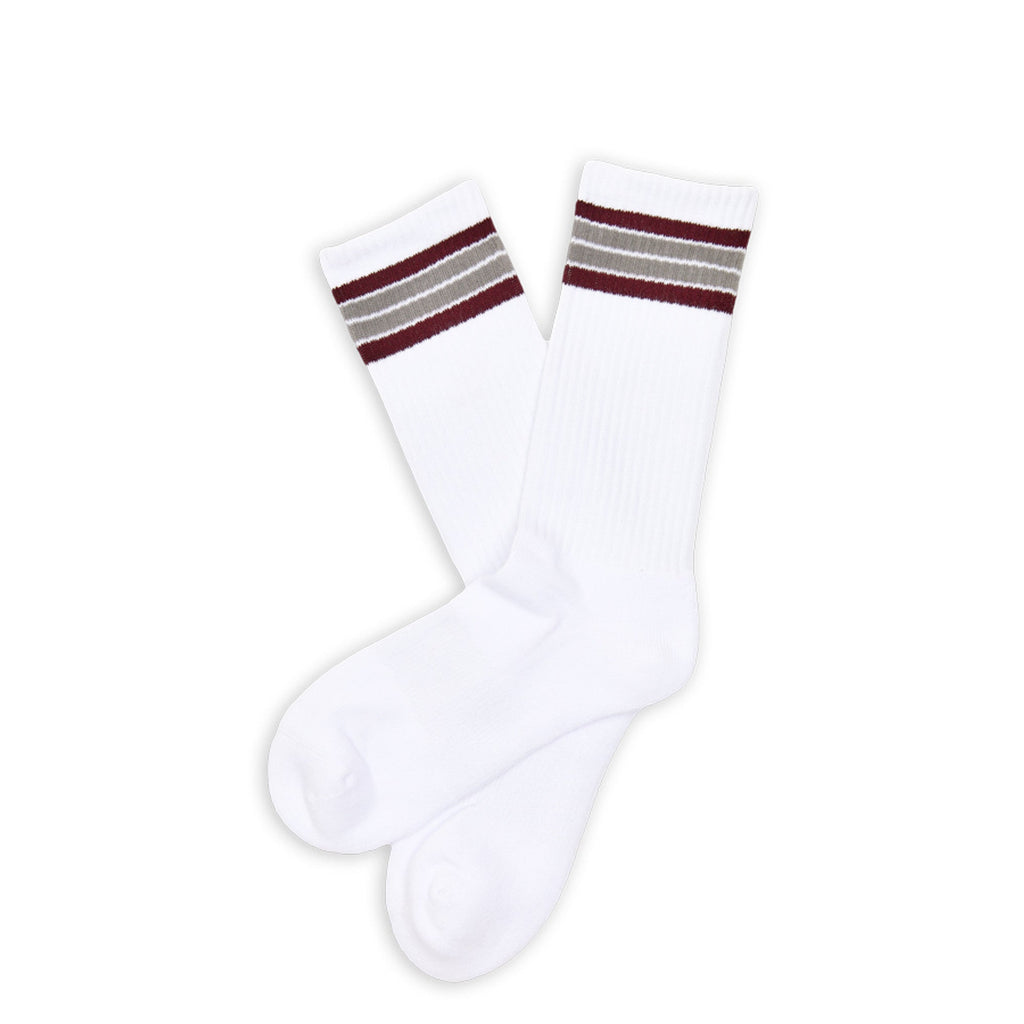 White Maroon 4 Stripe Casual Crew Socks