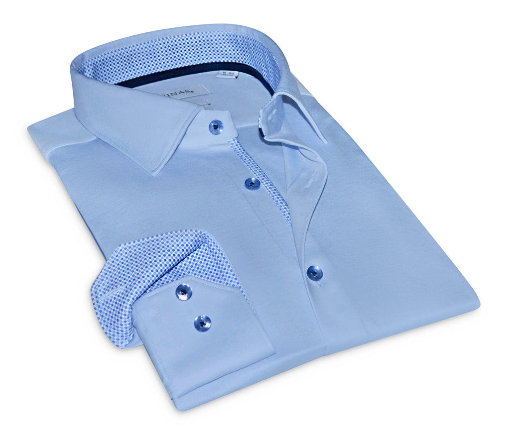 Joshua// Cotton Knit-Stretch Button-Up Shirt With Contrast Details // Blue // Tailored Fit (Fitted)