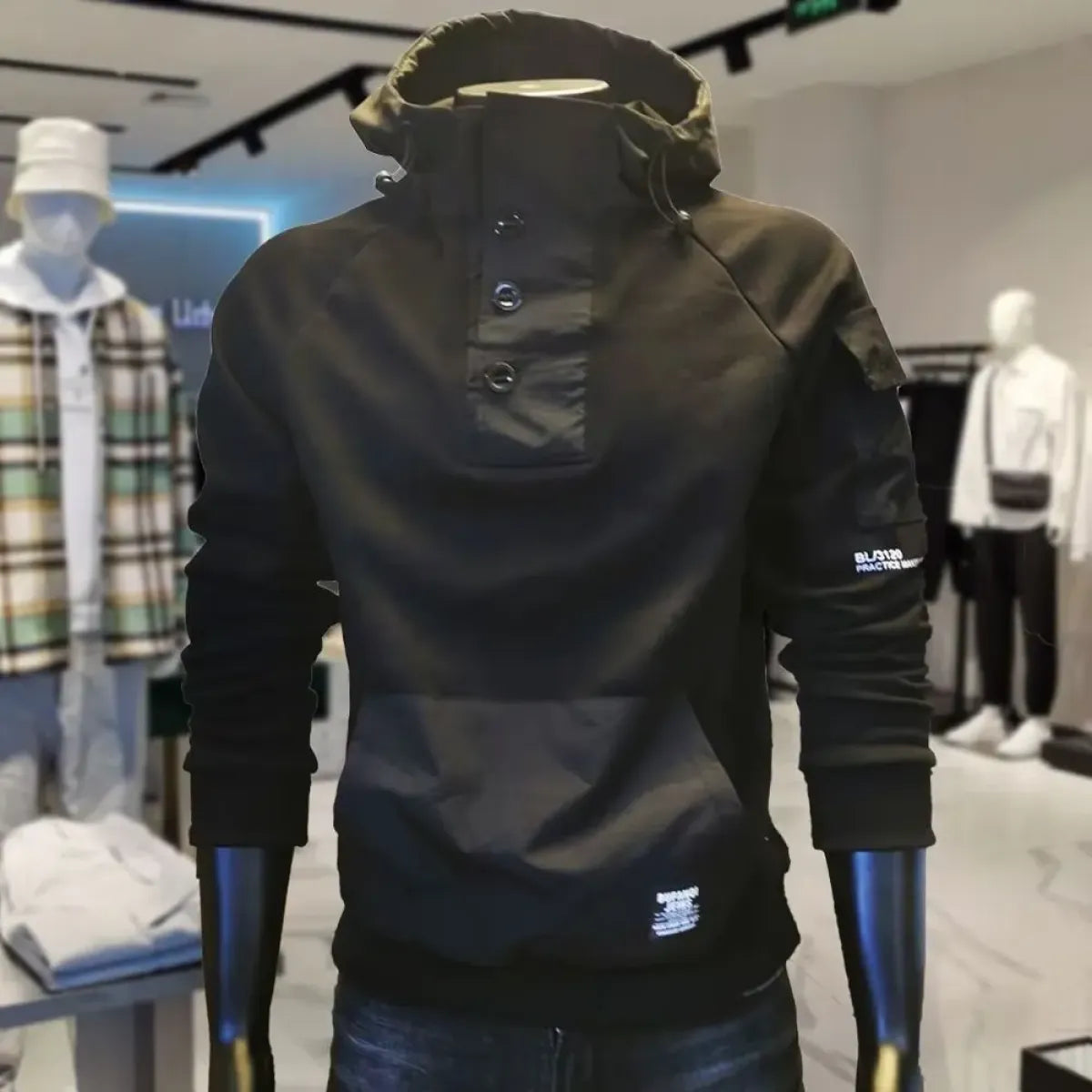 Buttoned Cargo Hoodie with Pockets
