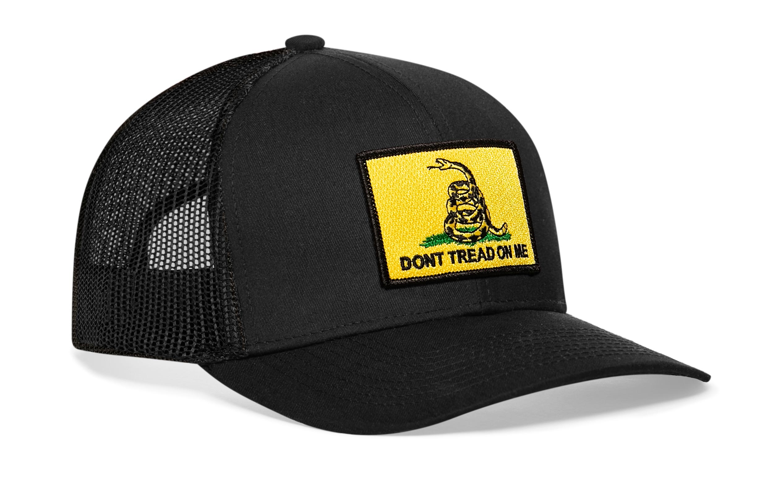 Dont Tread On Me Trucker Hat  |  Black Gadsden Flag Yellow Snapback