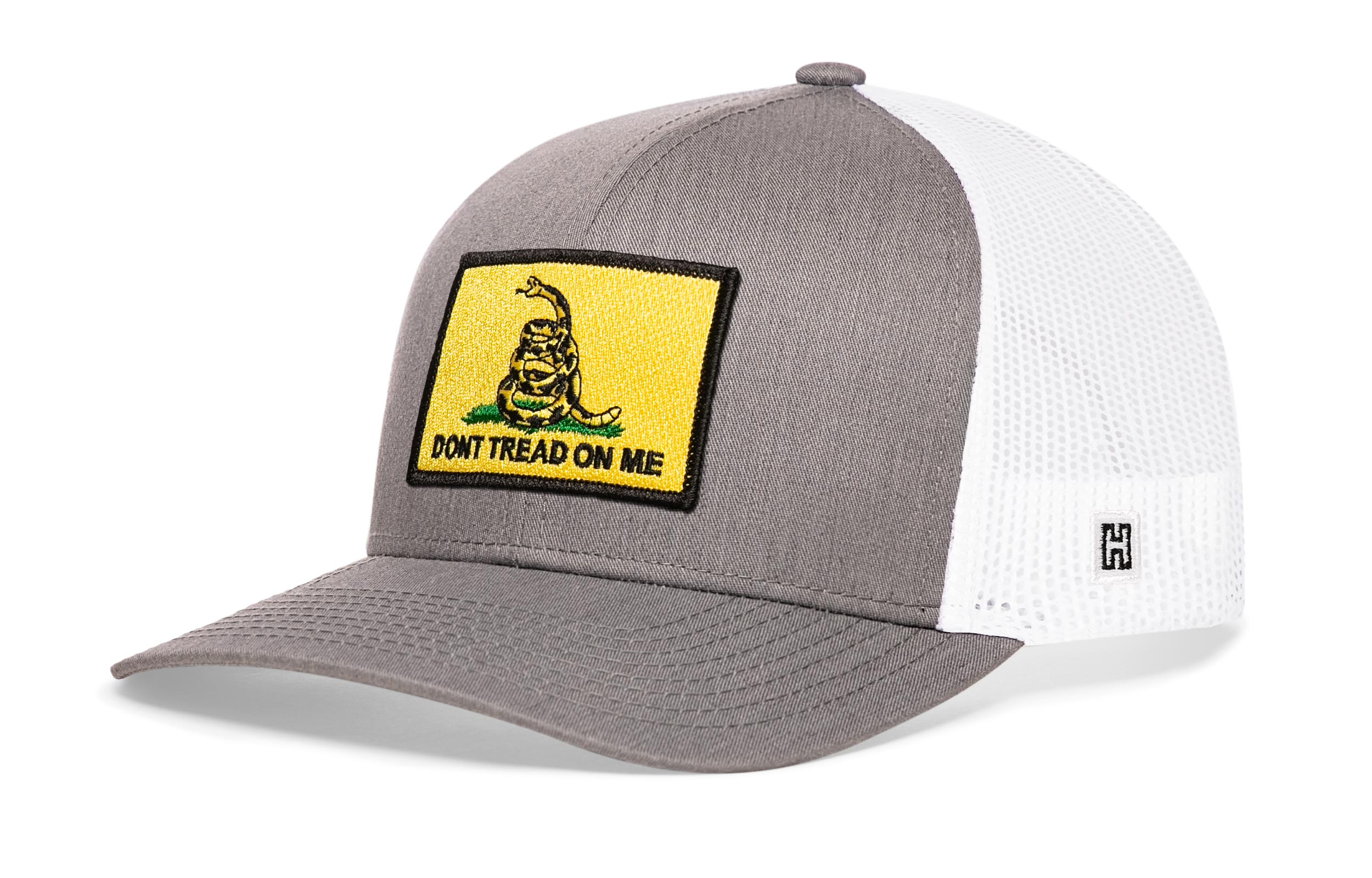 Dont Tread On Me Trucker Hat  |  Gray-White Gadsden Flag Yellow Snapback