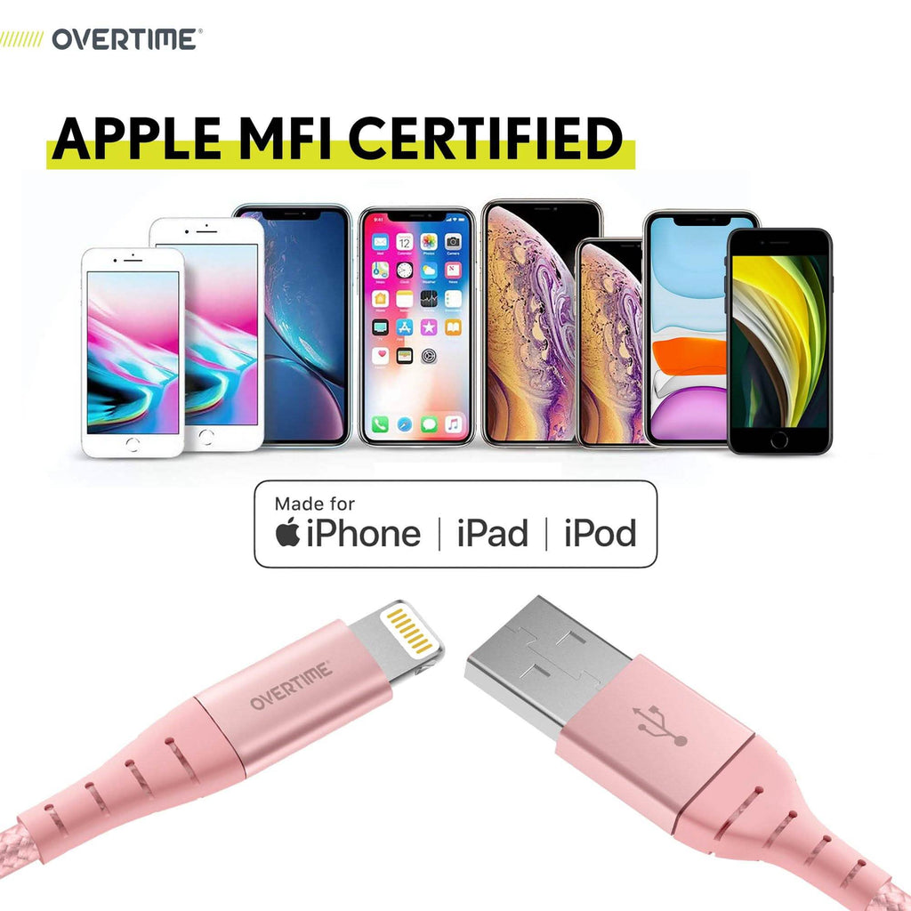 Overtime iPhone Charger Set, Apple MFi Certified Lightning Cable 10ft with Dual USB Wall Charger Adapter - Rose Gold